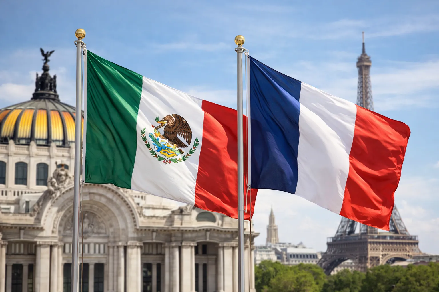 Banderas de México y Francia simbolizando 200 años de amistad bilateral